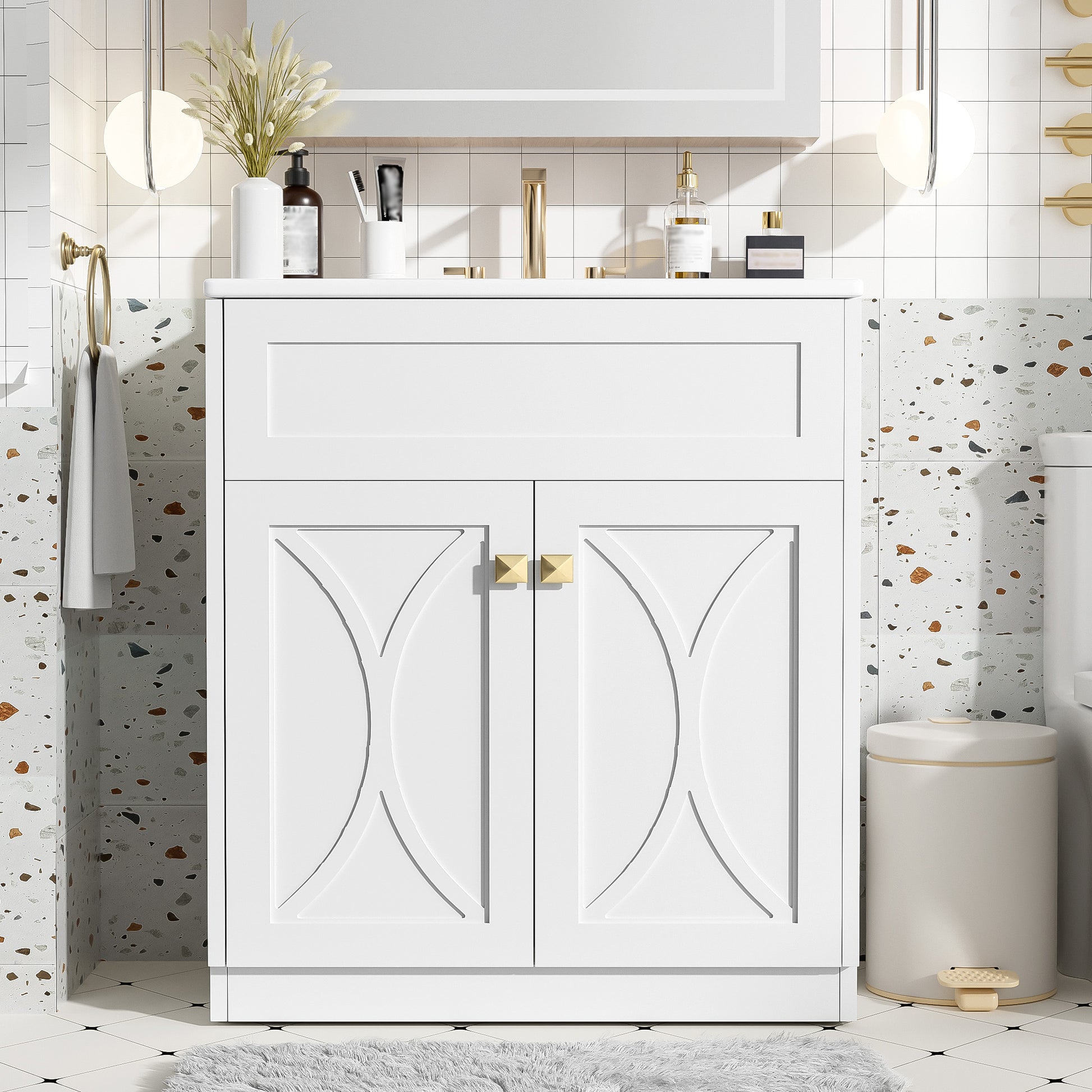 30 Inch White Bathroom Vanity with Ceramic Sink - Modern Storage Cabinet