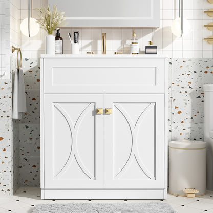 30 Inch White Bathroom Vanity with Ceramic Sink - Modern Storage Cabinet