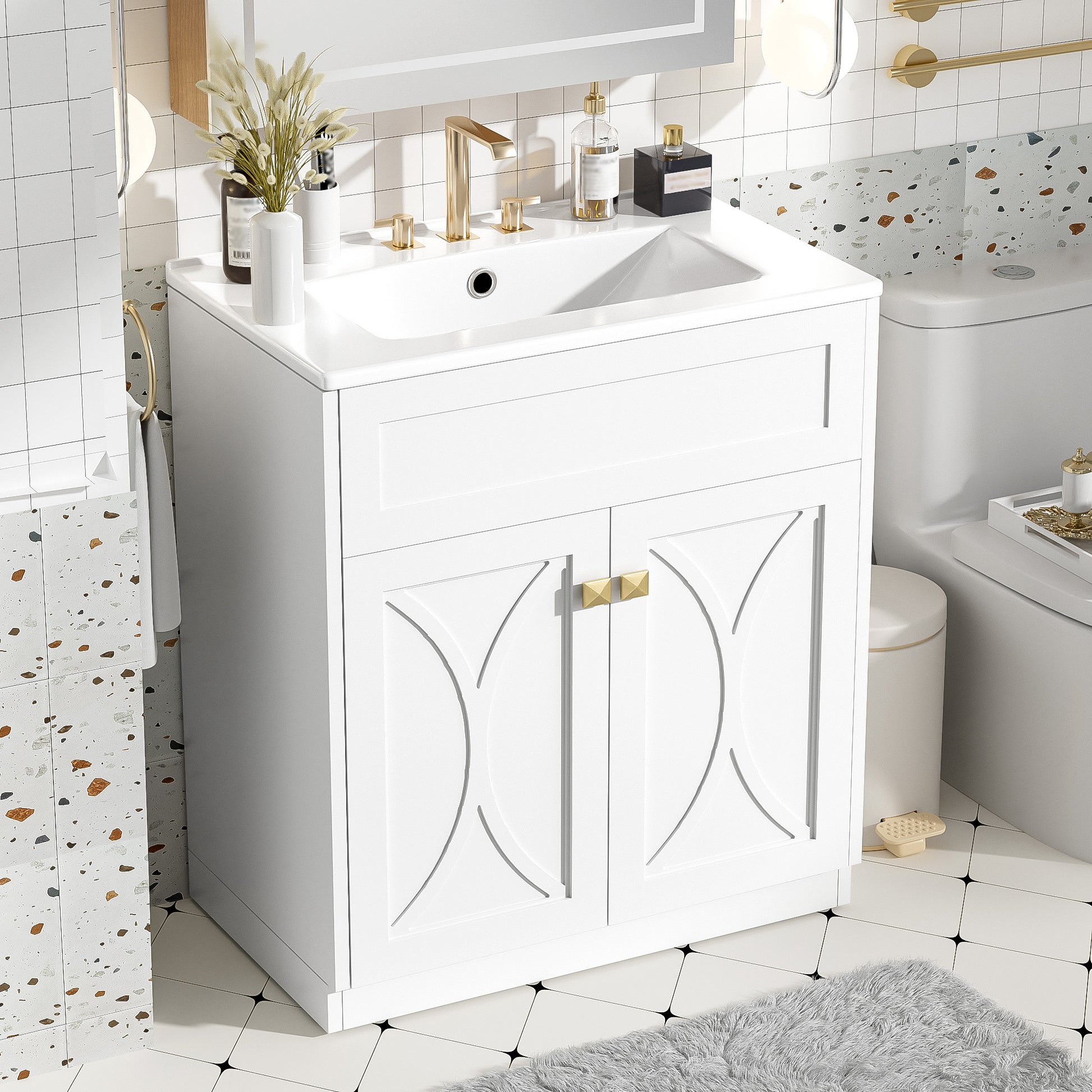 30 Inch White Bathroom Vanity with Ceramic Sink - Modern Storage Cabinet