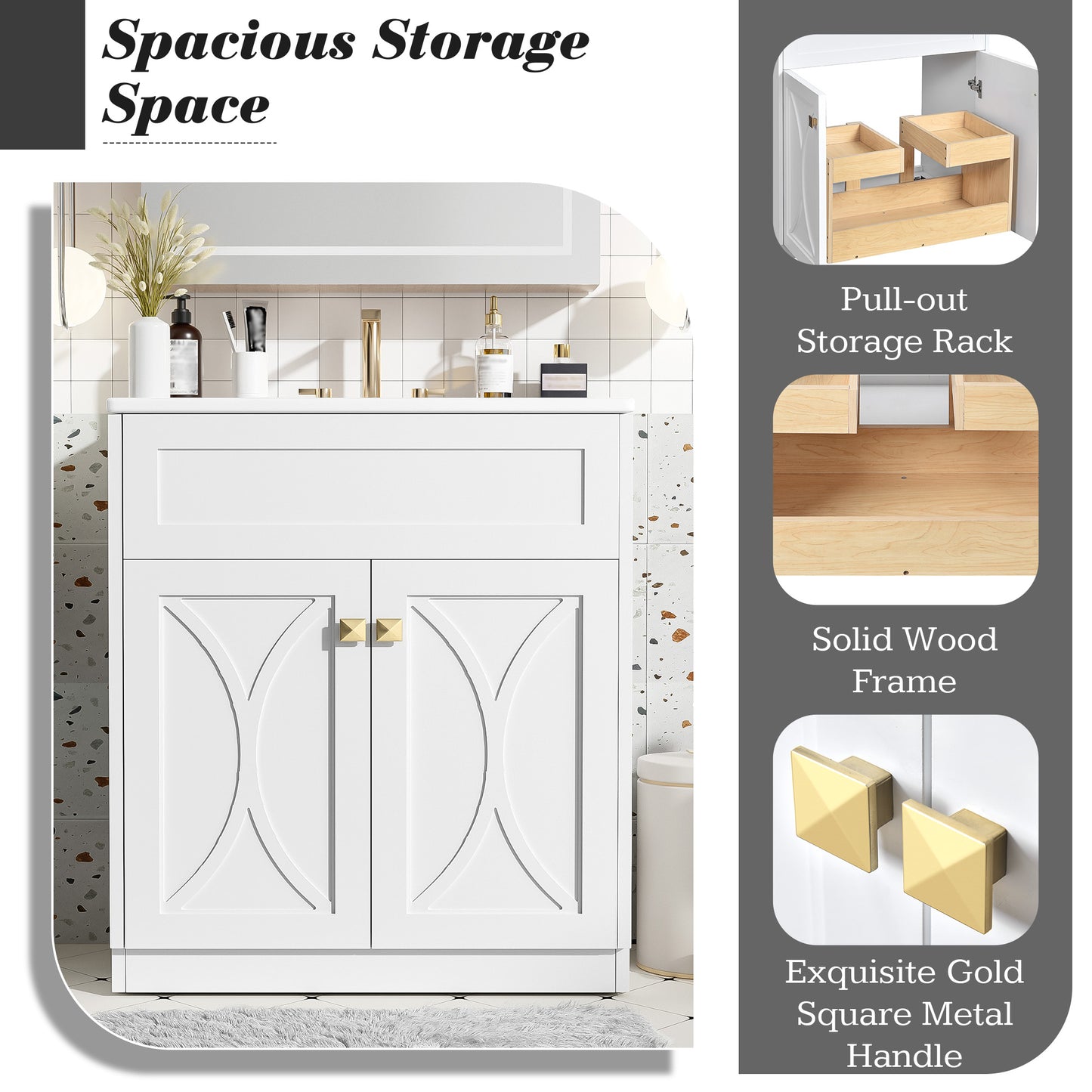 30 Inch White Bathroom Vanity with Ceramic Sink - Modern Storage Cabinet