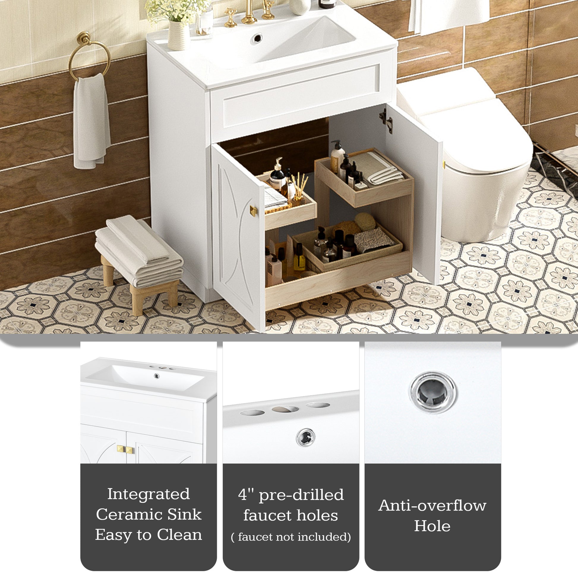 30 Inch White Bathroom Vanity with Ceramic Sink - Modern Storage Cabinet