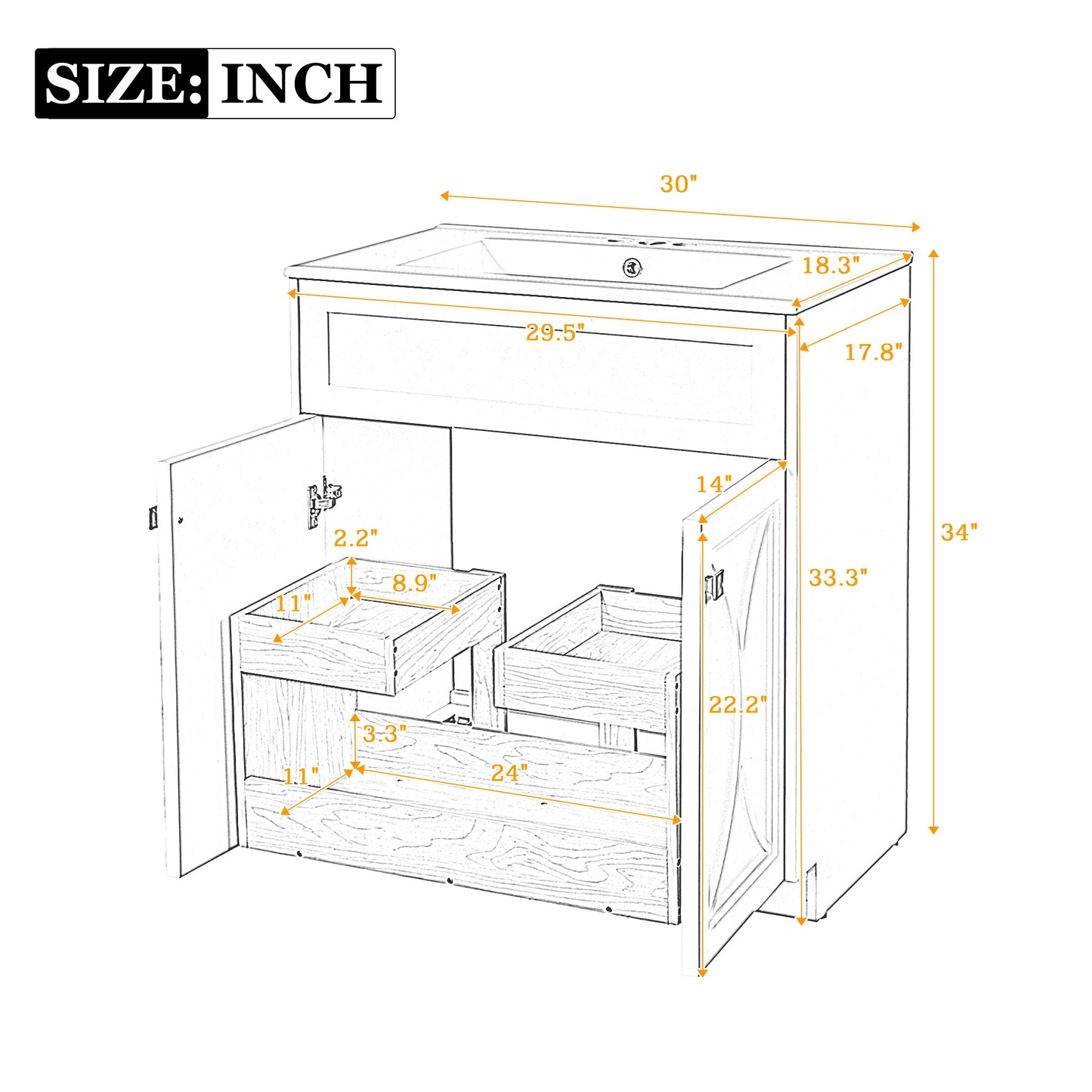 30 Inch White Bathroom Vanity with Ceramic Sink - Modern Storage Cabinet