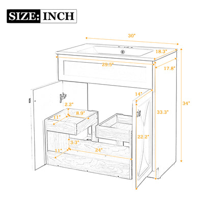 30 Inch White Bathroom Vanity with Ceramic Sink - Modern Storage Cabinet