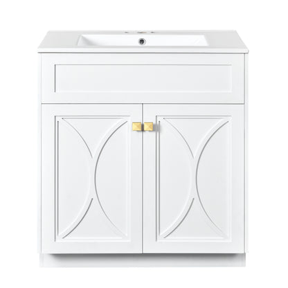 30 Inch White Bathroom Vanity with Ceramic Sink - Modern Storage Cabinet