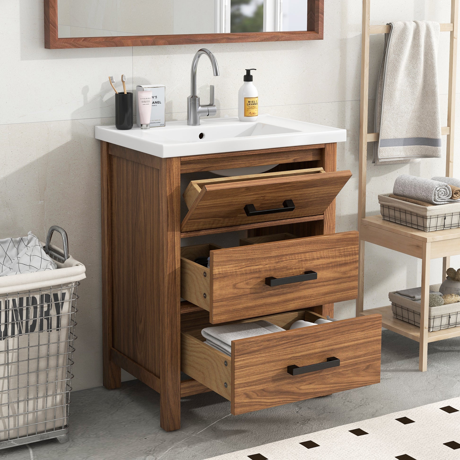 24'' Bathroom Vanity with Ceramic Basin Sink, Modern Bathroom Storage Cabinet with 3 Drawers, Freestanding Bathroom Vanity Cabinet with Single Sink (Same as SW000108AAP)