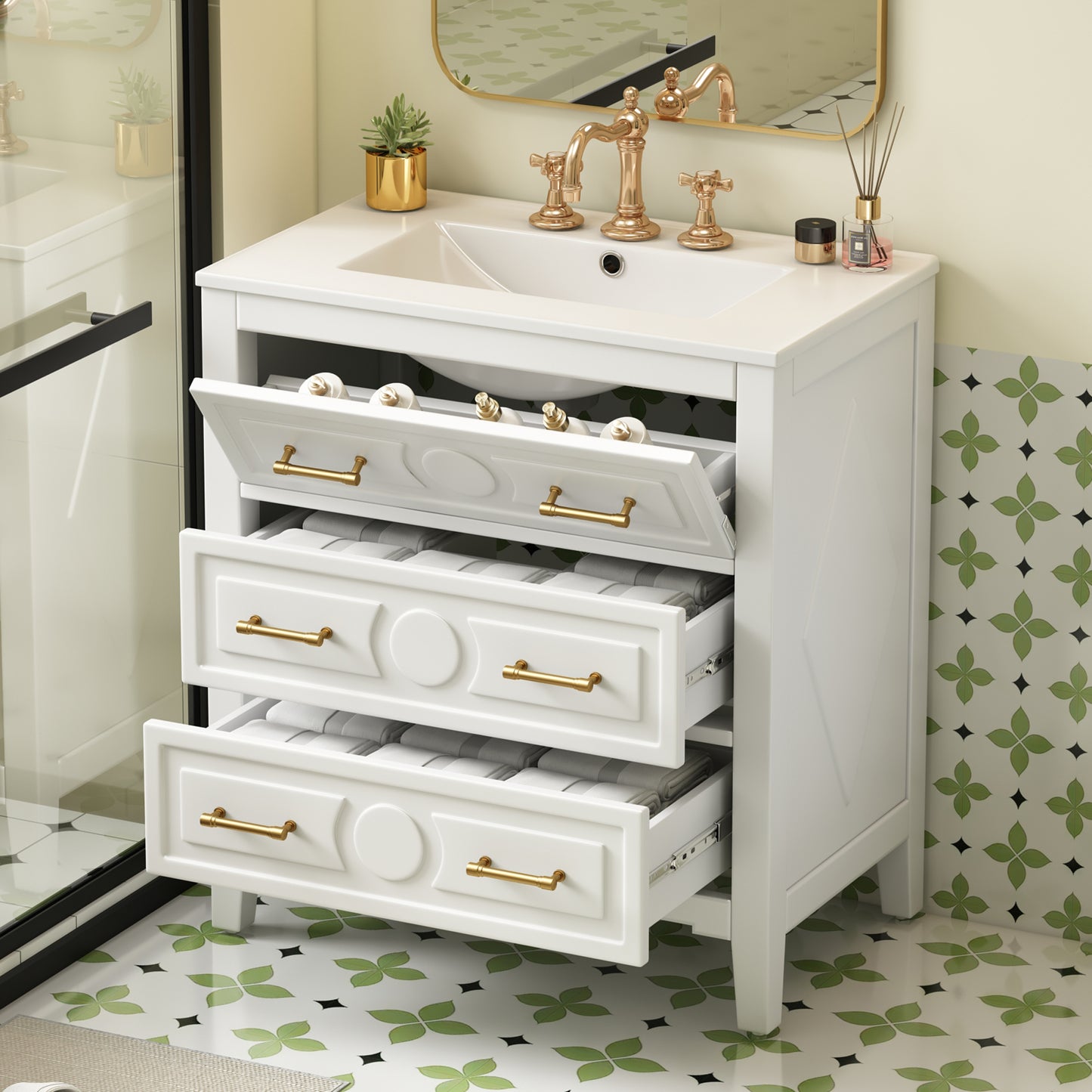 Retro White Ceramic Bathroom Vanity - 30" Storage Cabinet