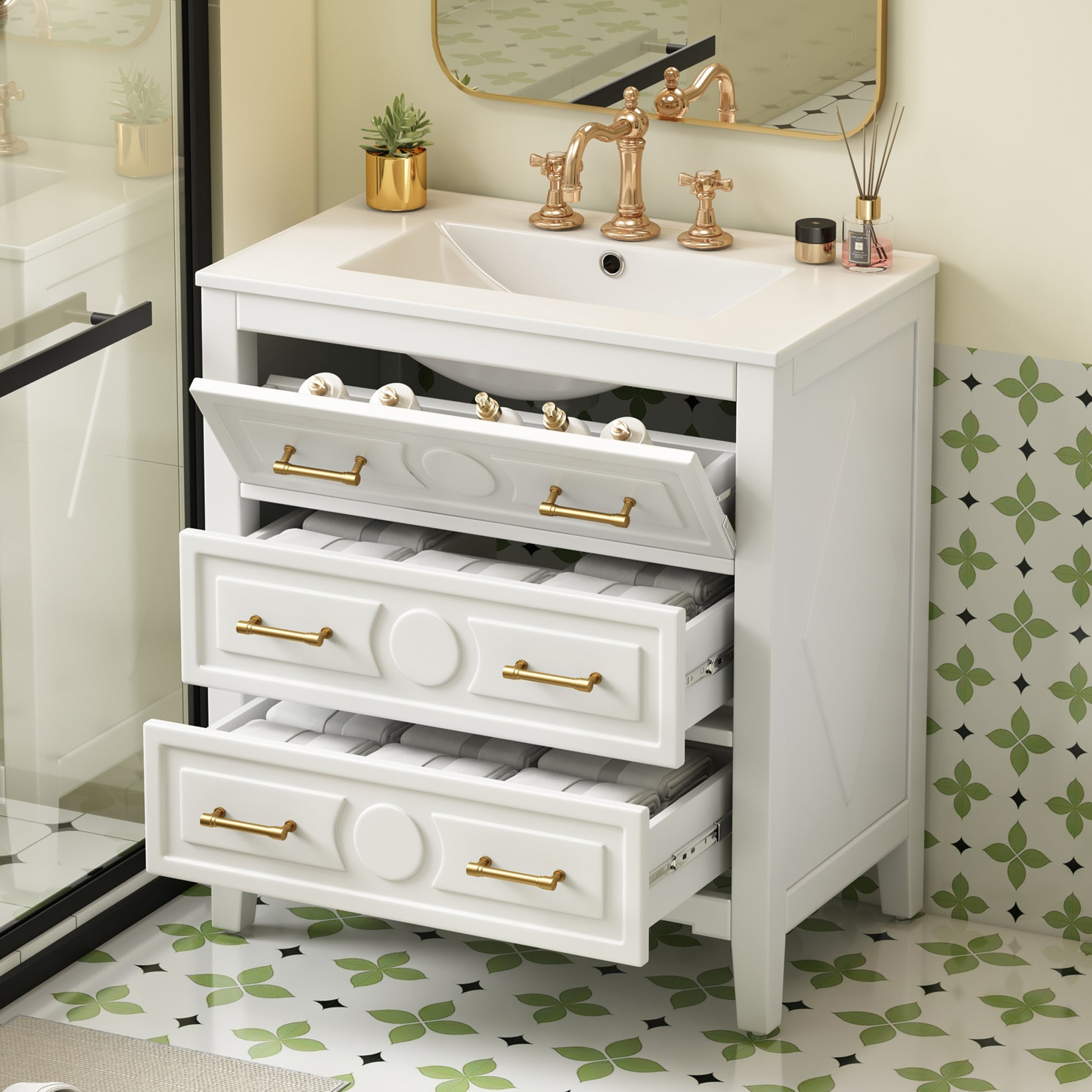 Retro White Ceramic Bathroom Vanity - 30" Storage Cabinet