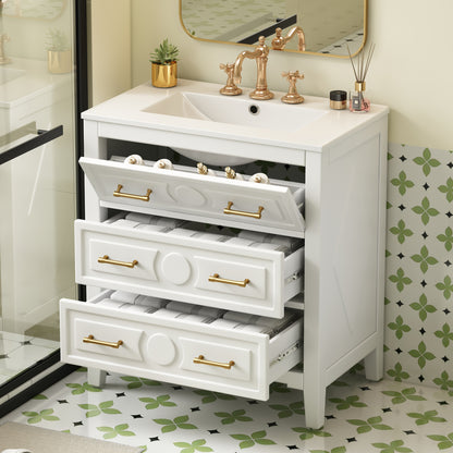 Retro White Ceramic Bathroom Vanity - 30" Storage Cabinet