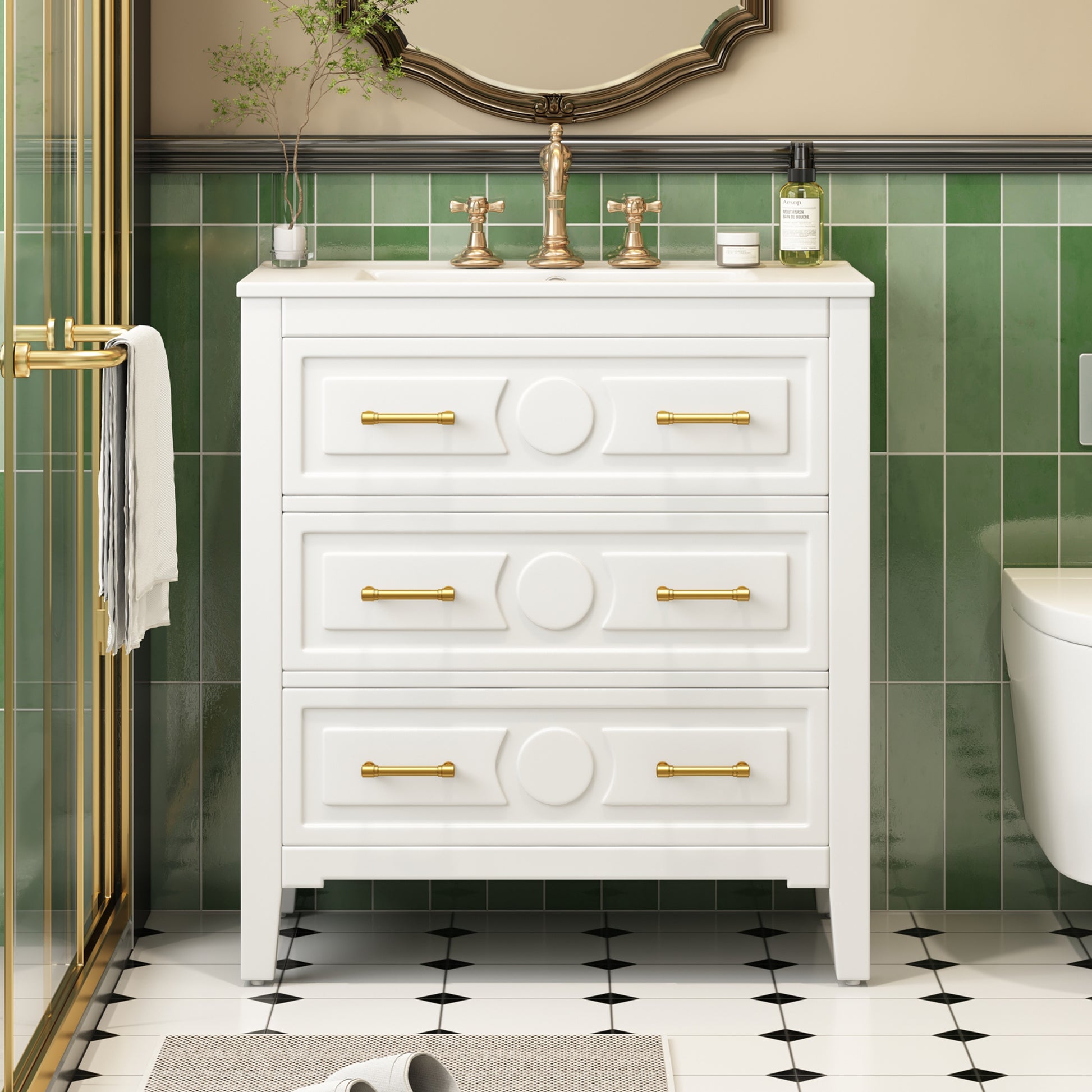 Retro White Ceramic Bathroom Vanity - 30" Storage Cabinet