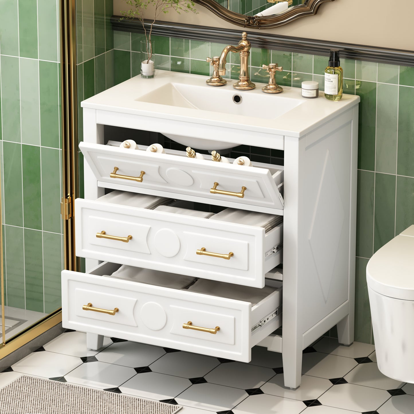 Retro White Ceramic Bathroom Vanity - 30" Storage Cabinet