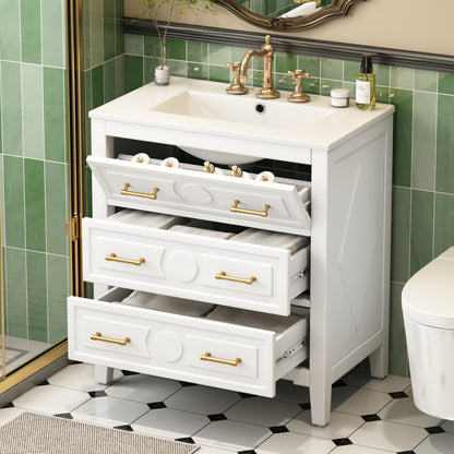 Retro White Ceramic Bathroom Vanity - 30" Storage Cabinet