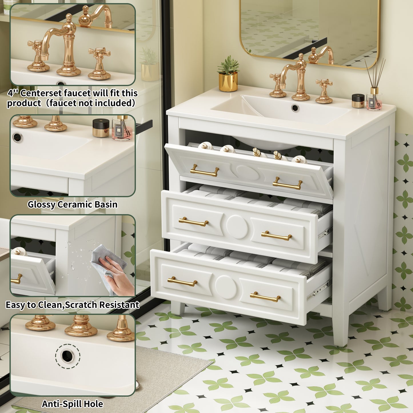 Retro White Ceramic Bathroom Vanity - 30" Storage Cabinet