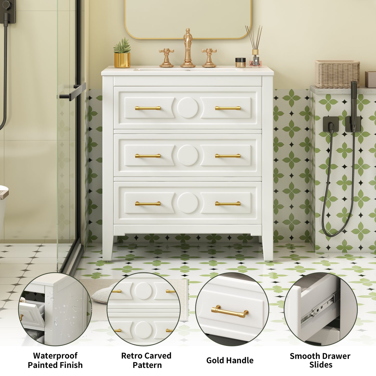 Retro White Ceramic Bathroom Vanity - 30" Storage Cabinet