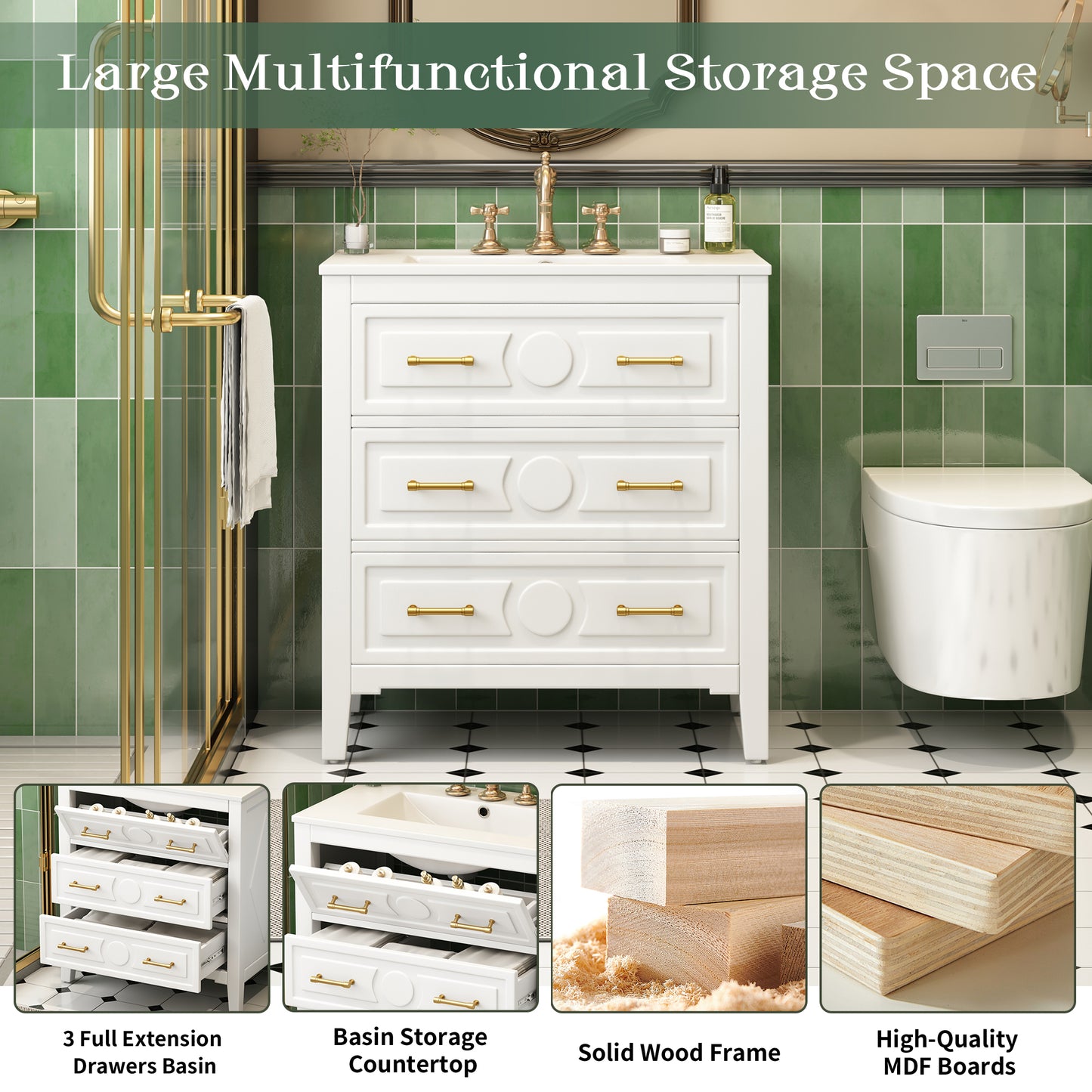 Retro White Ceramic Bathroom Vanity - 30" Storage Cabinet