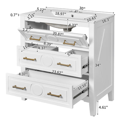 Retro White Ceramic Bathroom Vanity - 30" Storage Cabinet