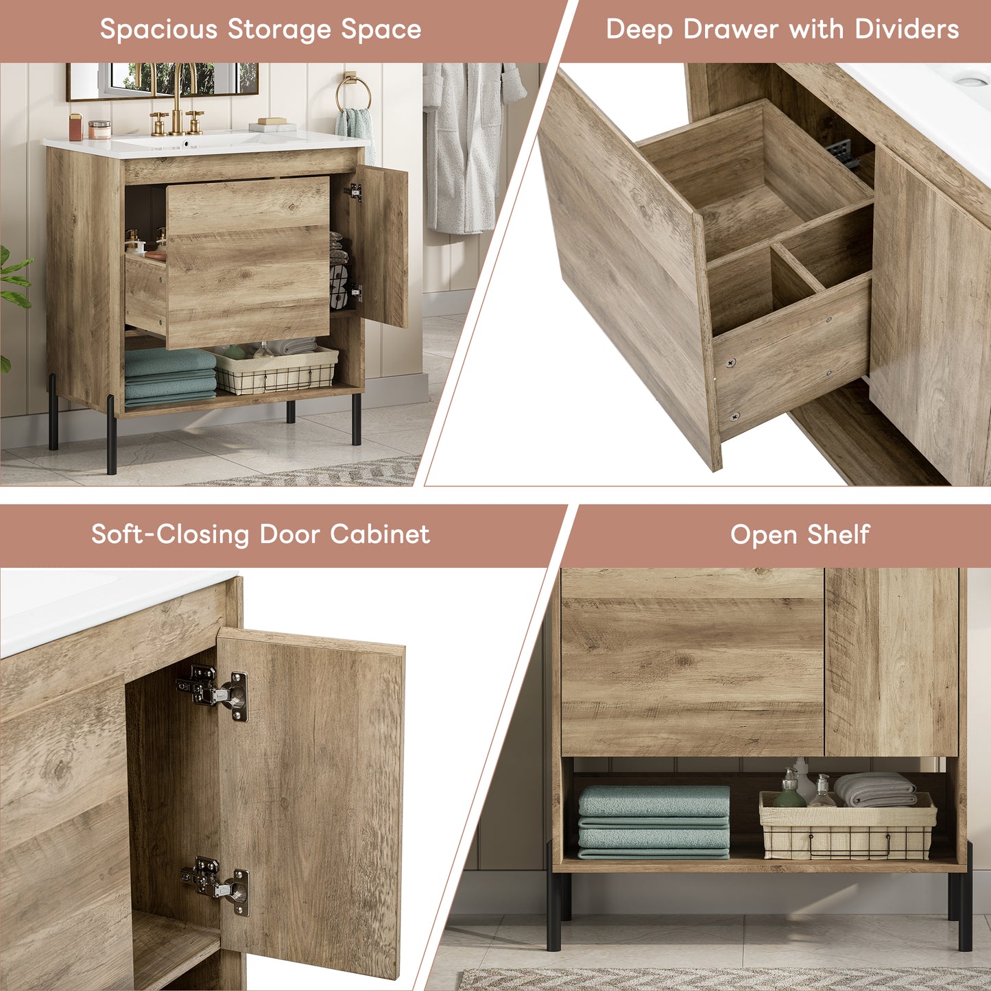 30" Modern Wood Bathroom Vanity with Sink - Storage Cabinet