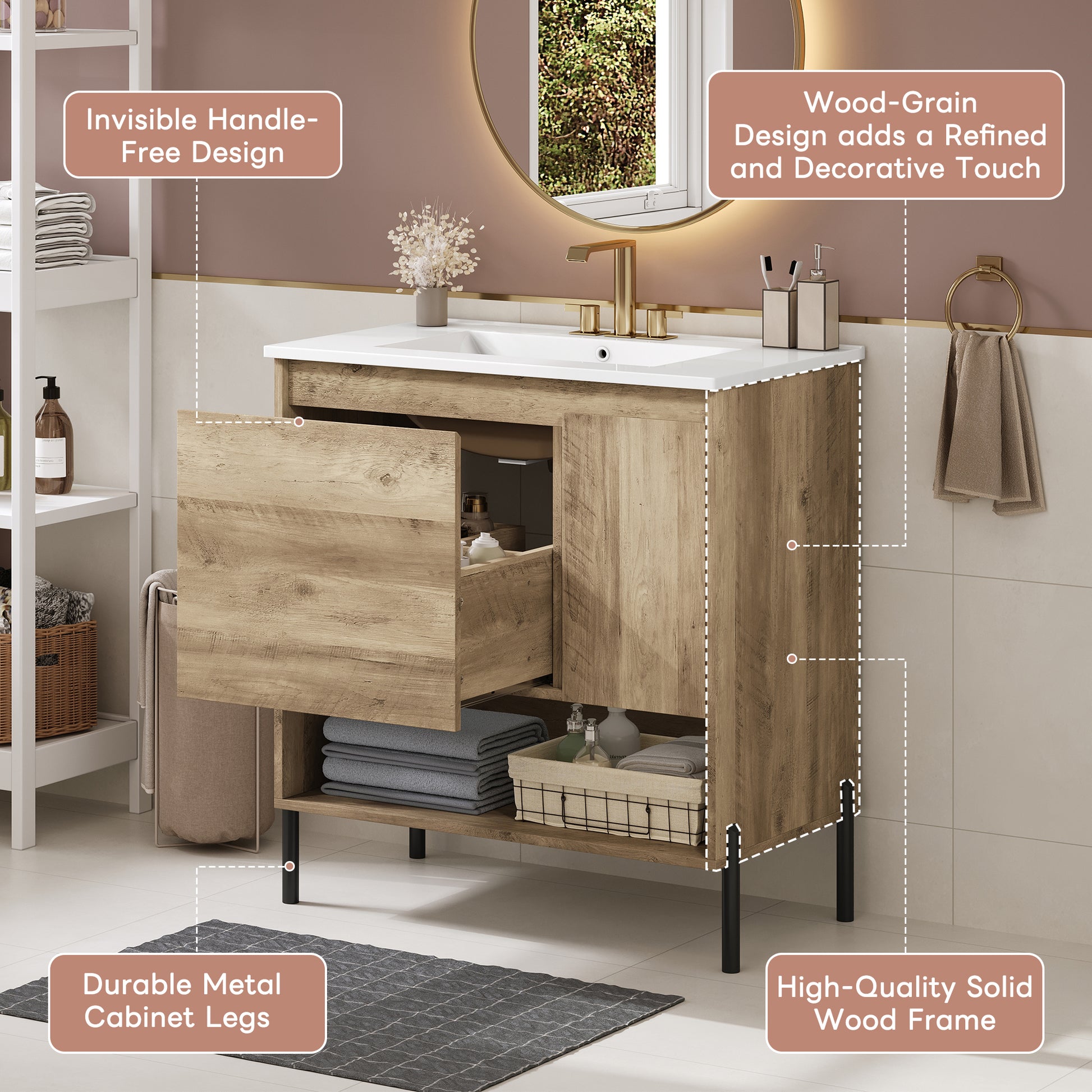 30" Modern Wood Bathroom Vanity with Sink - Storage Cabinet