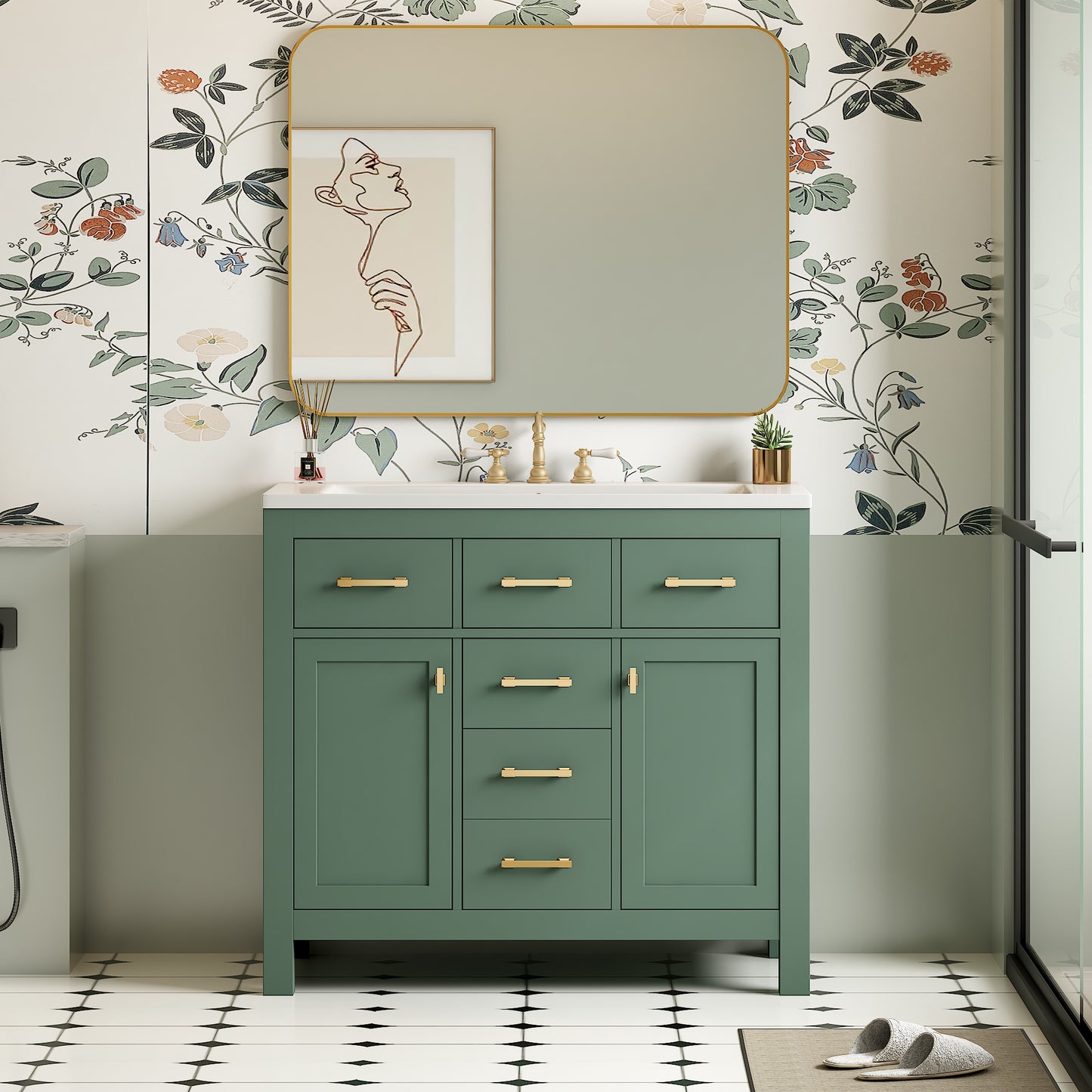 36" Green Bathroom Vanity - Storage & Ceramic Sink Combo