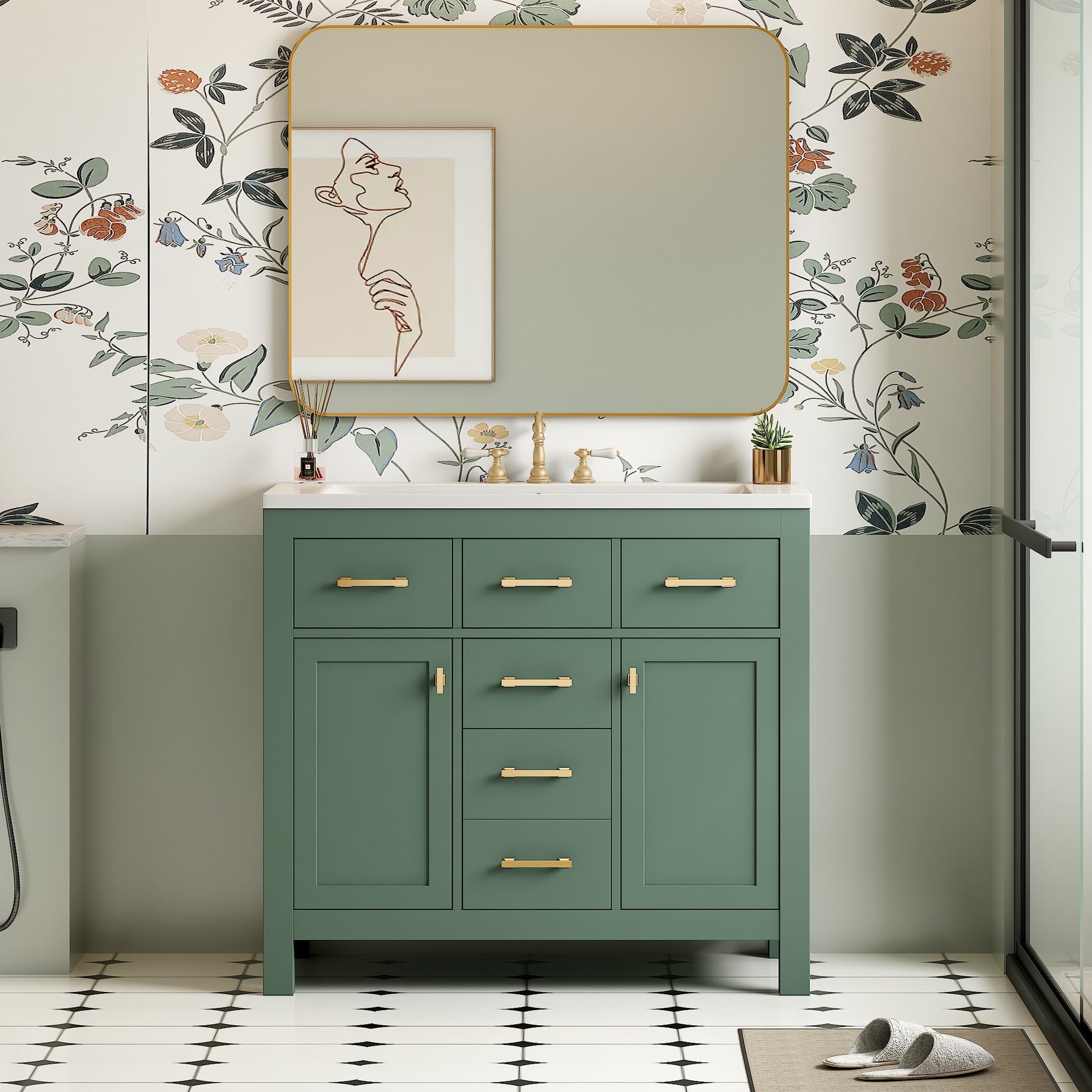 36" Green Bathroom Vanity - Storage & Ceramic Sink Combo