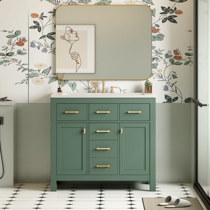 36" Green Bathroom Vanity - Storage & Ceramic Sink Combo