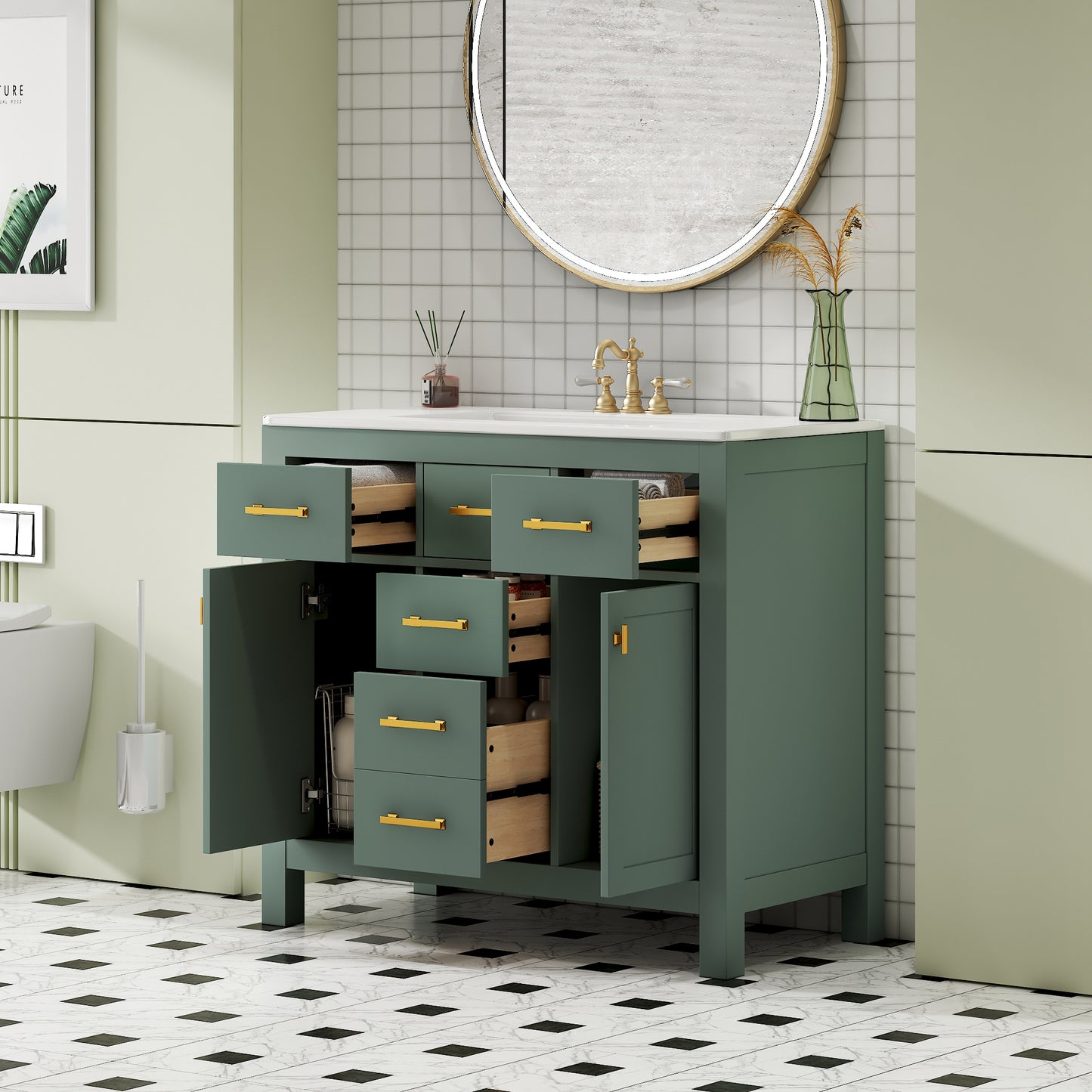 36" Green Bathroom Vanity - Storage & Ceramic Sink Combo
