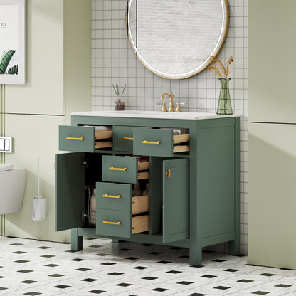 36" Green Bathroom Vanity - Storage & Ceramic Sink Combo