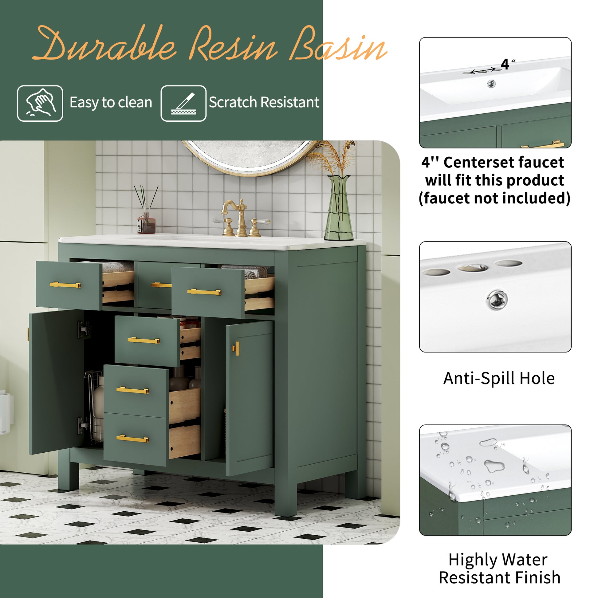 36" Green Bathroom Vanity - Storage & Ceramic Sink Combo