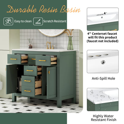 36" Green Bathroom Vanity - Storage & Ceramic Sink Combo