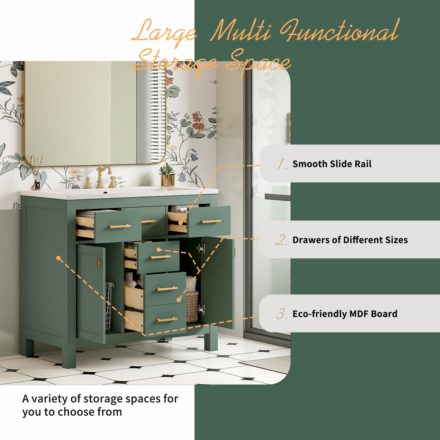 36" Green Bathroom Vanity - Storage & Ceramic Sink Combo