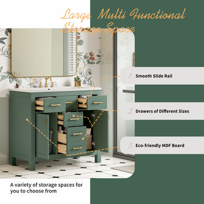 36" Green Bathroom Vanity - Storage & Ceramic Sink Combo