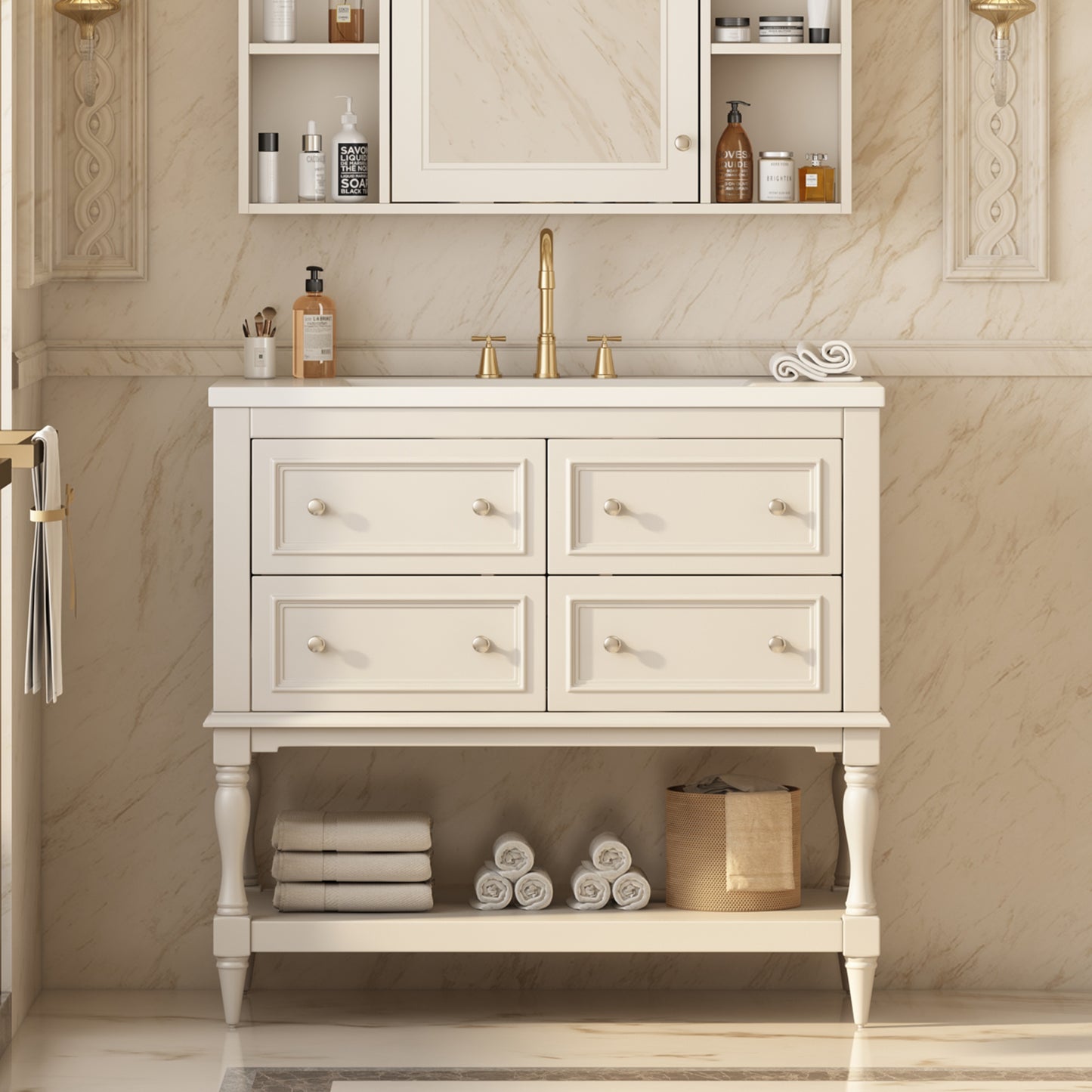 36" Beige Bathroom Vanity with Sink - Storage Cabinet