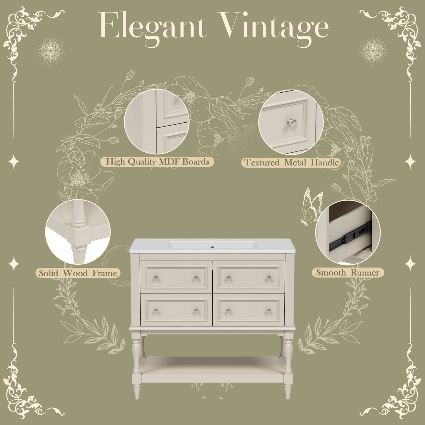 36" Beige Bathroom Vanity with Sink - Storage Cabinet