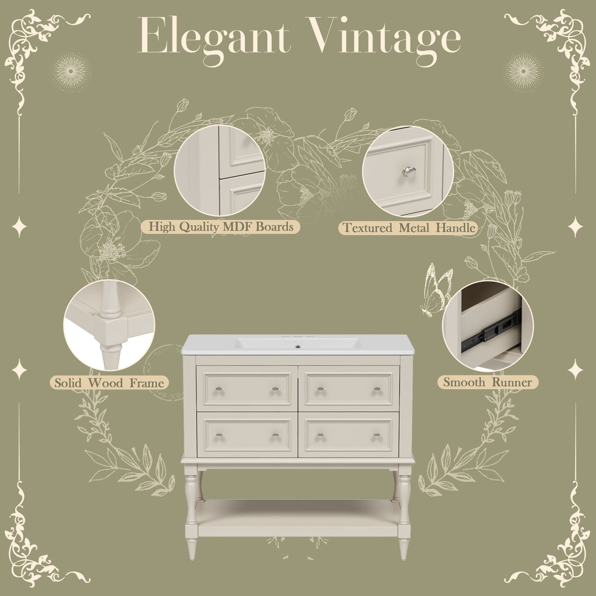 36" Beige Bathroom Vanity with Sink - Storage Cabinet