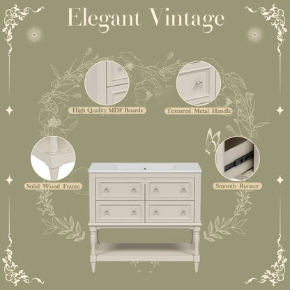 36" Beige Bathroom Vanity with Sink - Storage Cabinet