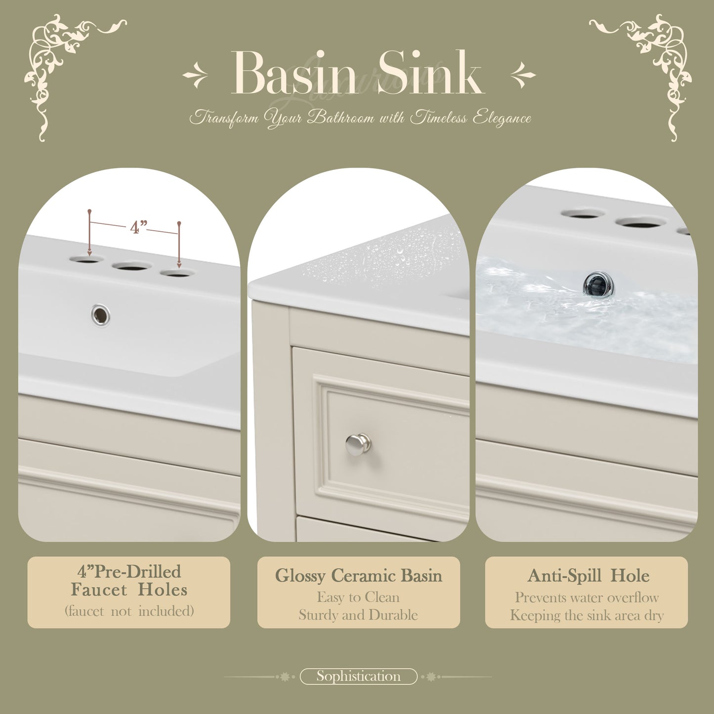 36" Beige Bathroom Vanity with Sink - Storage Cabinet