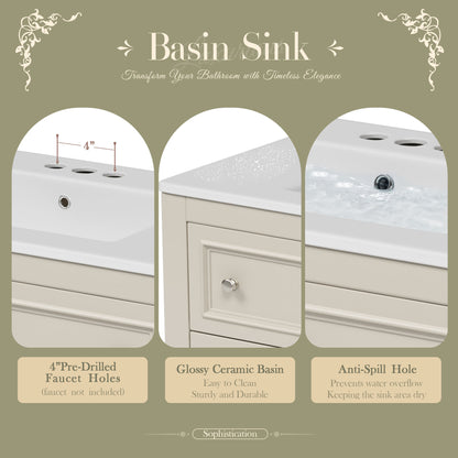 36" Beige Bathroom Vanity with Sink - Storage Cabinet