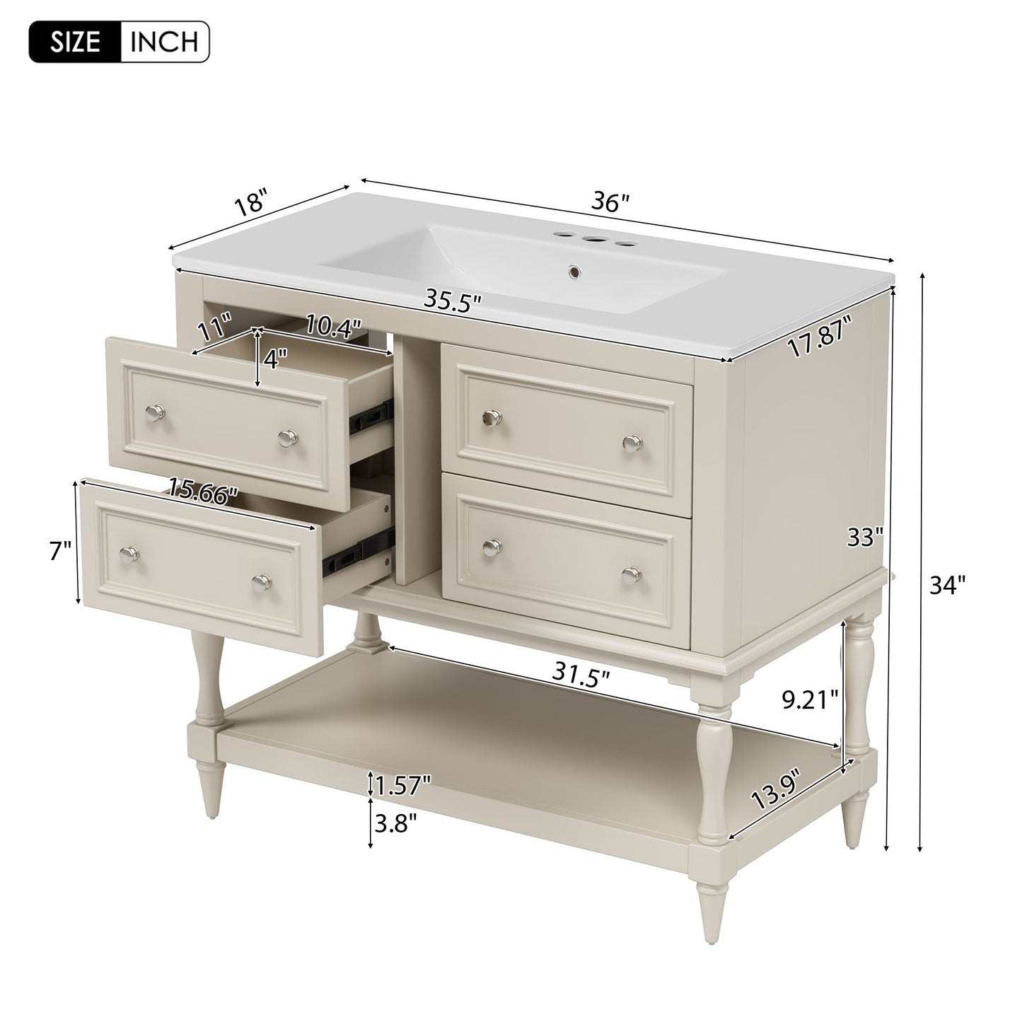 36" Beige Bathroom Vanity with Sink - Storage Cabinet