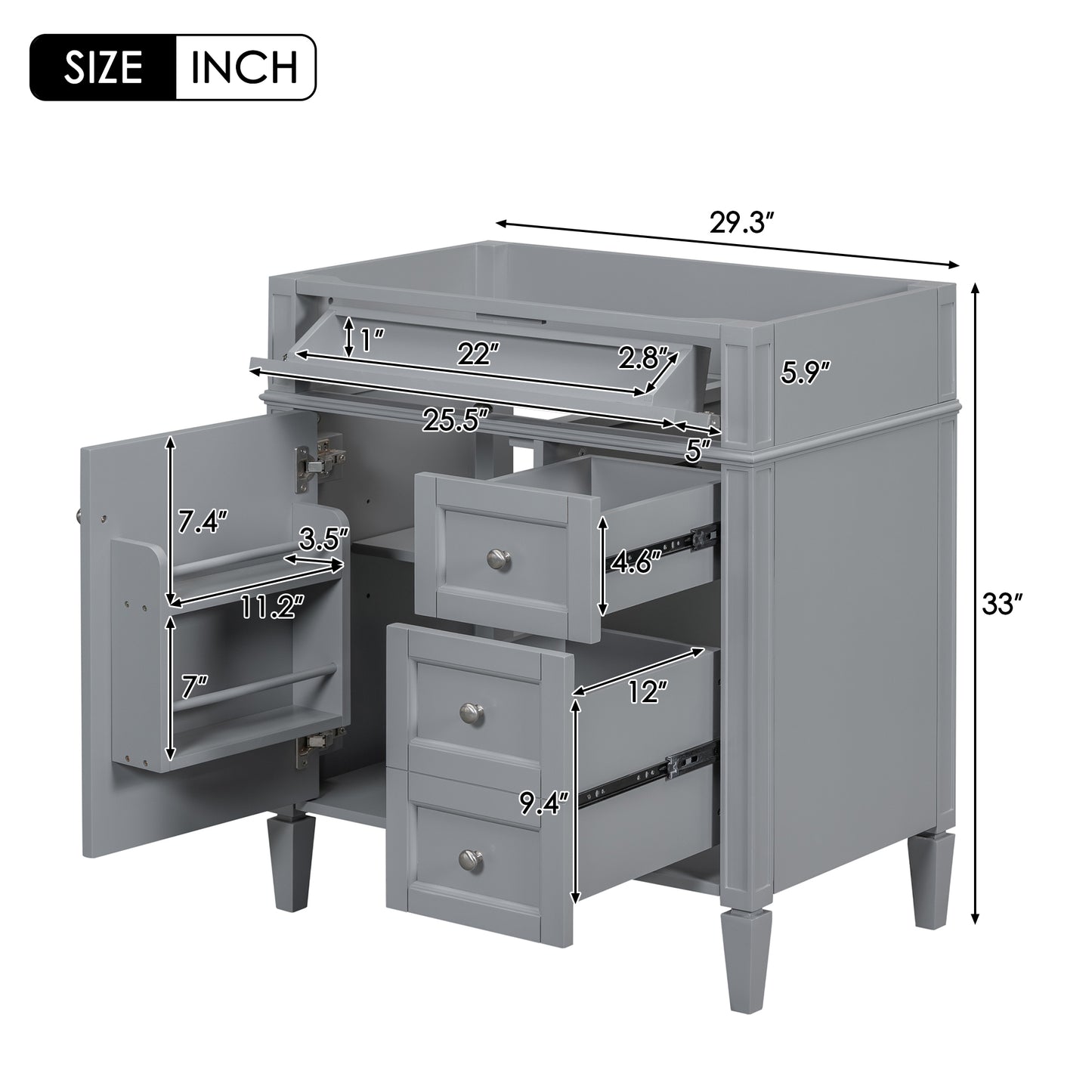 30" Grey Bathroom Vanity - Storage Cabinet with 2 Drawers, MDF & Wood