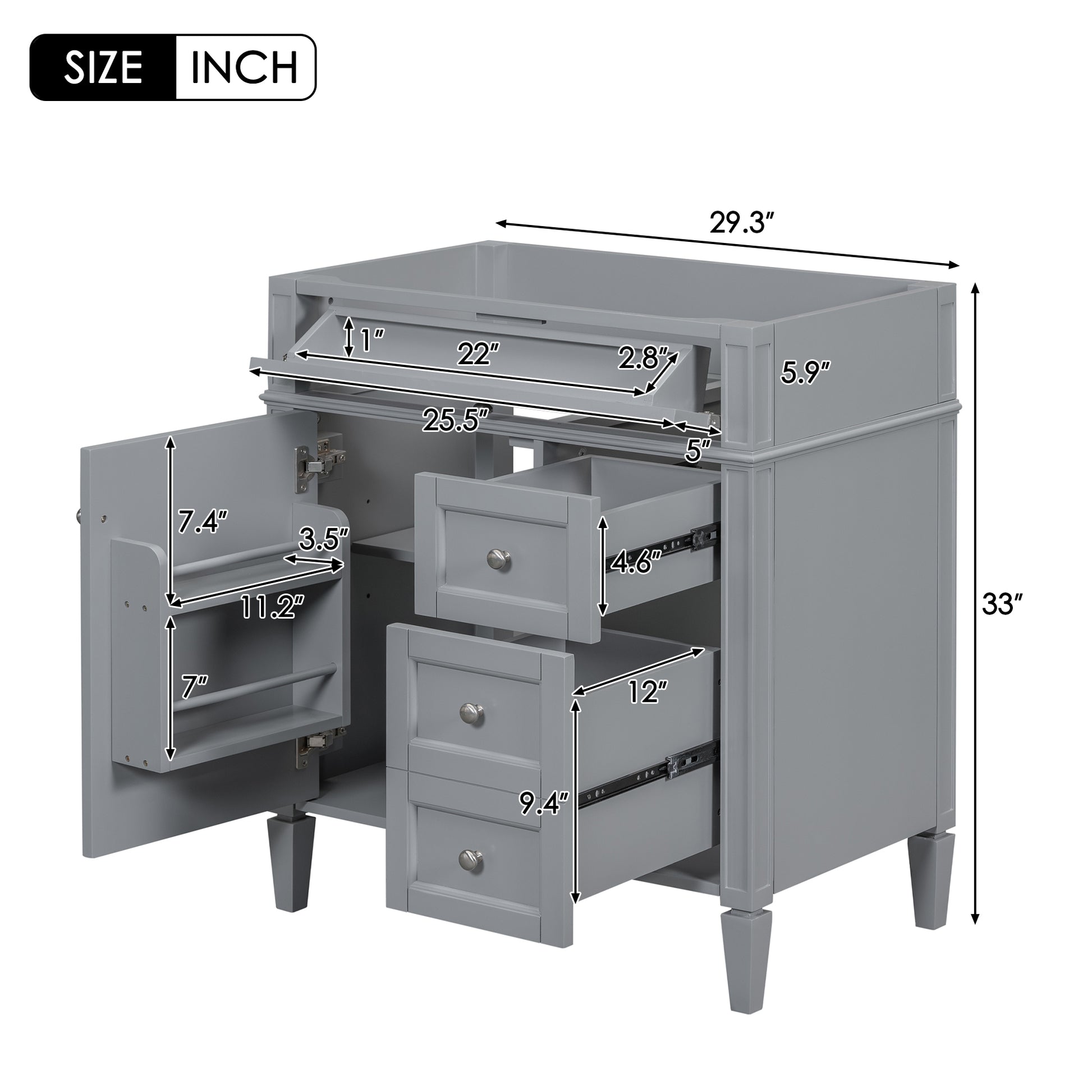 30" Grey Bathroom Vanity - Storage Cabinet with 2 Drawers, MDF & Wood
