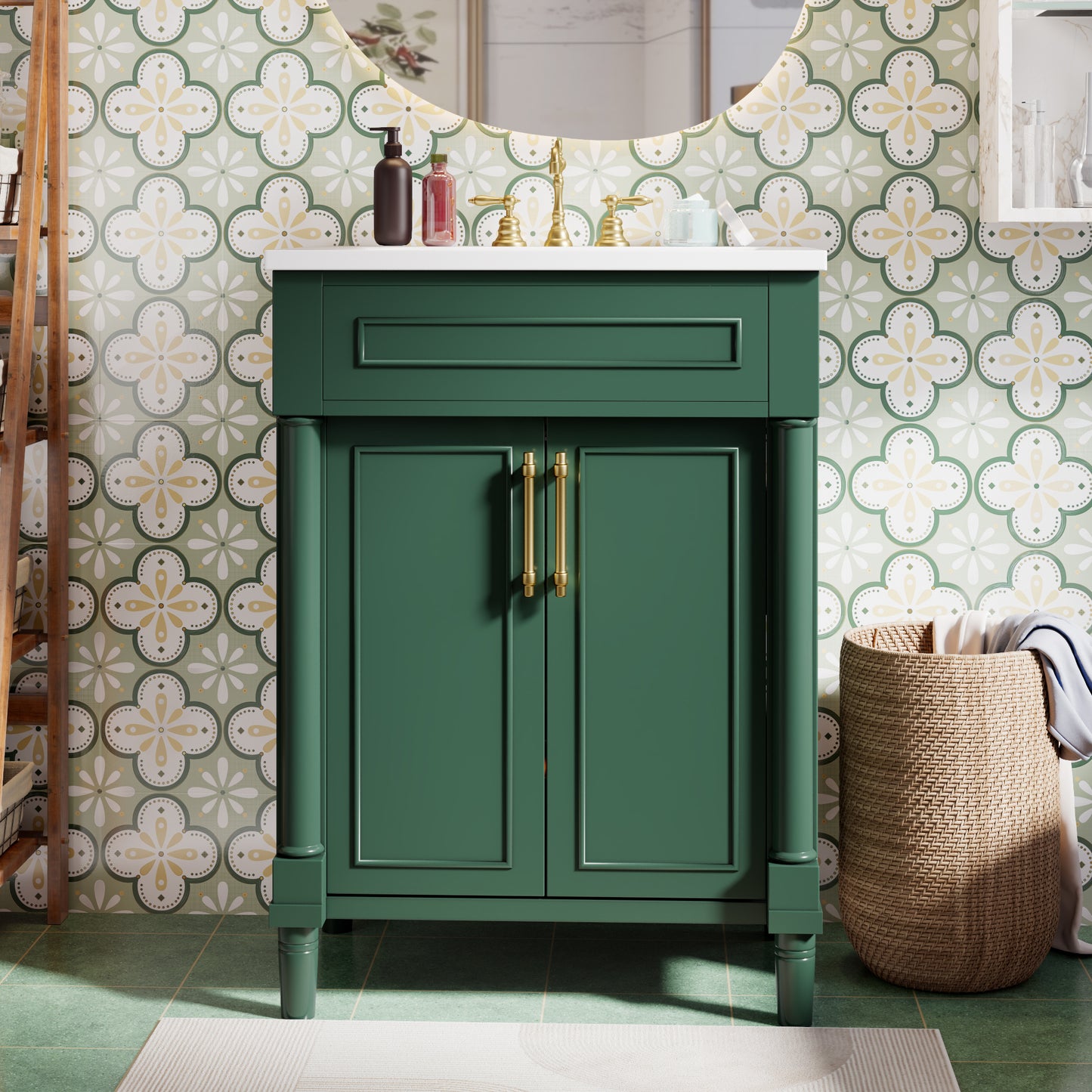 Green Solid Wood Bathroom Vanity with Sink - 24 Inch