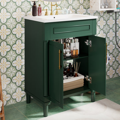 Green Solid Wood Bathroom Vanity with Sink - 24 Inch