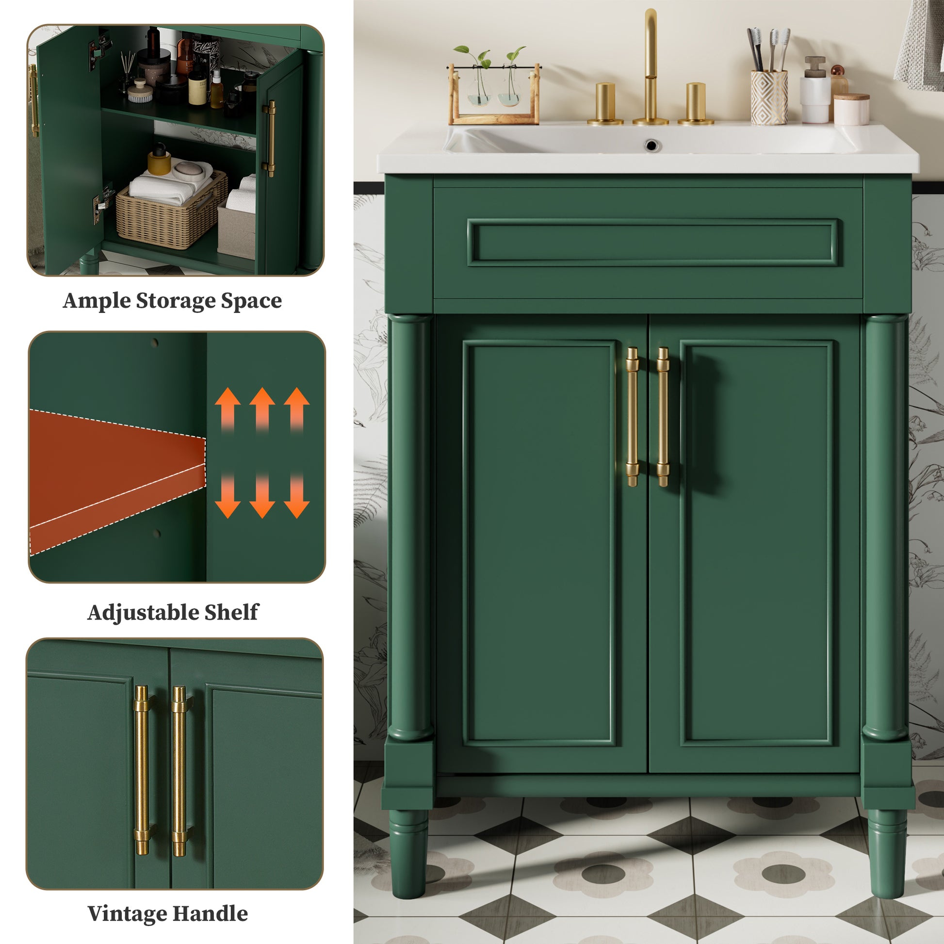 Green Solid Wood Bathroom Vanity with Sink - 24 Inch