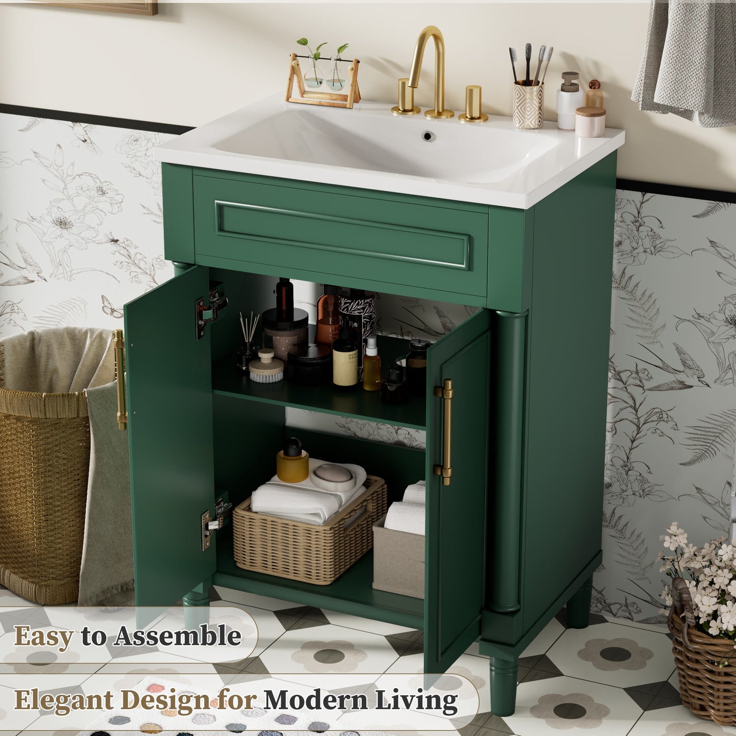 Green Solid Wood Bathroom Vanity with Sink - 24 Inch