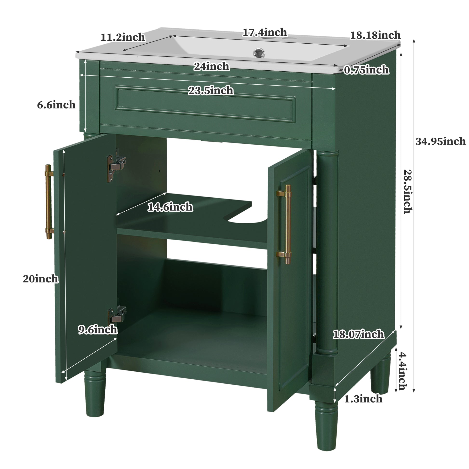 Green Solid Wood Bathroom Vanity with Sink - 24 Inch