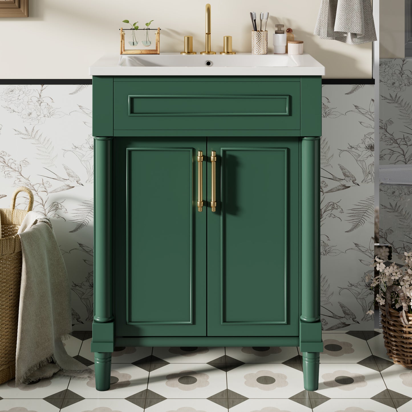 24" Bathroom Vanity with Integrated Ceramic Sink, Bathroom Cabinet with 2 Doors, Single Sink Bathroom Vanity for Small and Medium Restroom