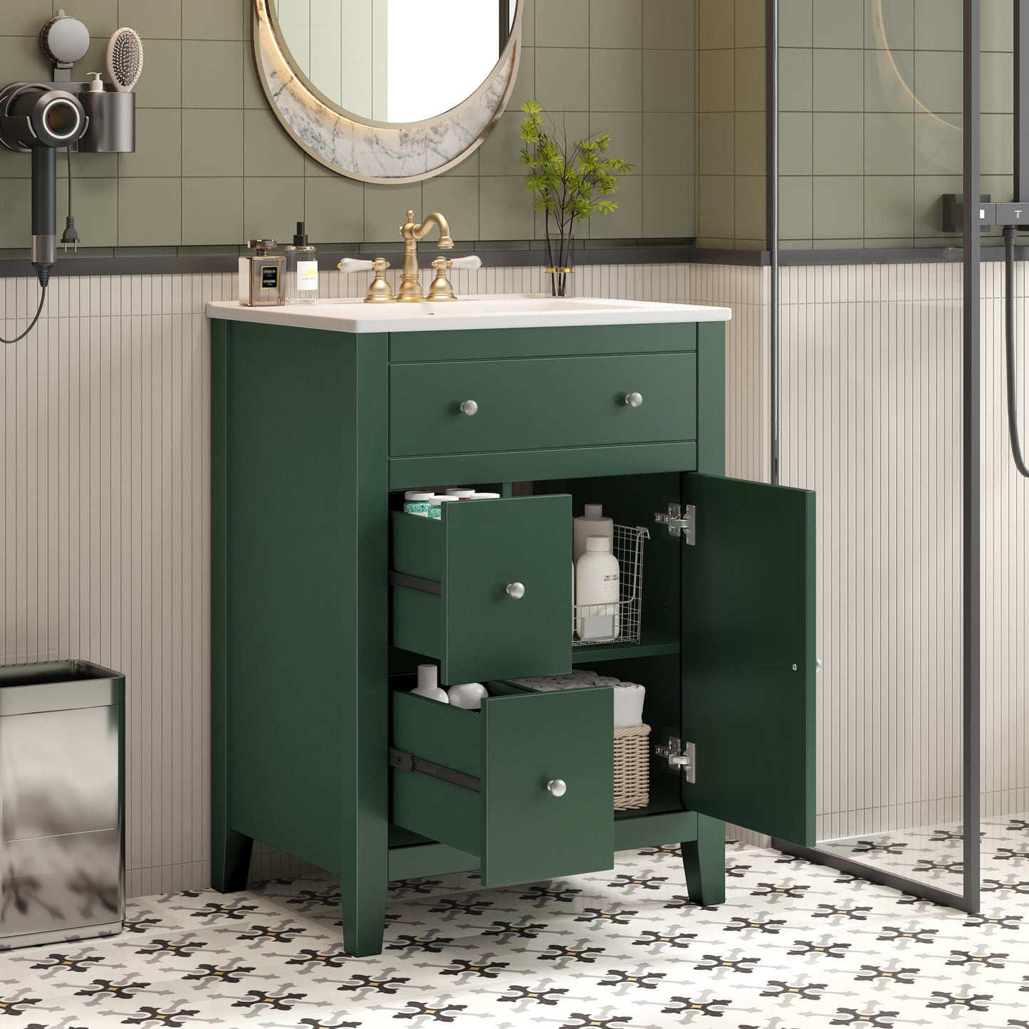 24" Modern Green Bathroom Vanity with Ceramic Basin - Storage Cabinet