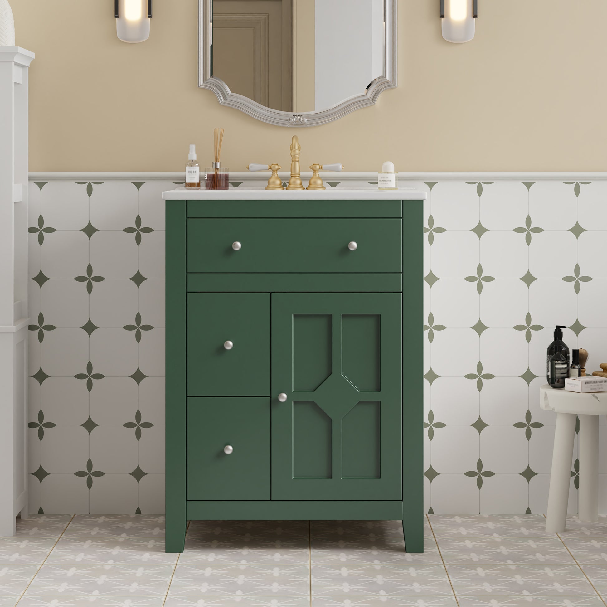 24" Modern Green Bathroom Vanity with Ceramic Basin - Storage Cabinet