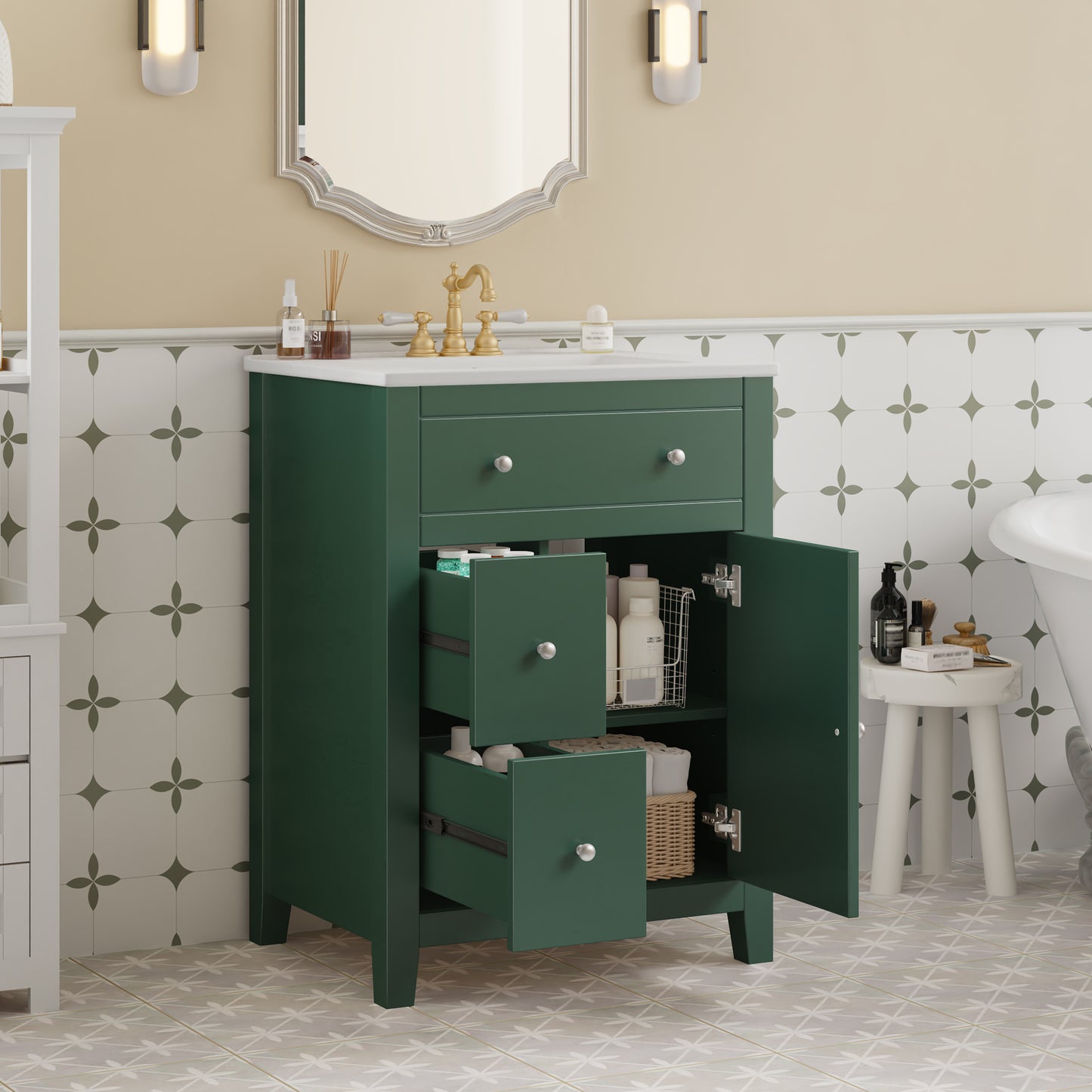 24" Modern Green Bathroom Vanity with Ceramic Basin - Storage Cabinet