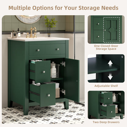 24" Modern Green Bathroom Vanity with Ceramic Basin - Storage Cabinet