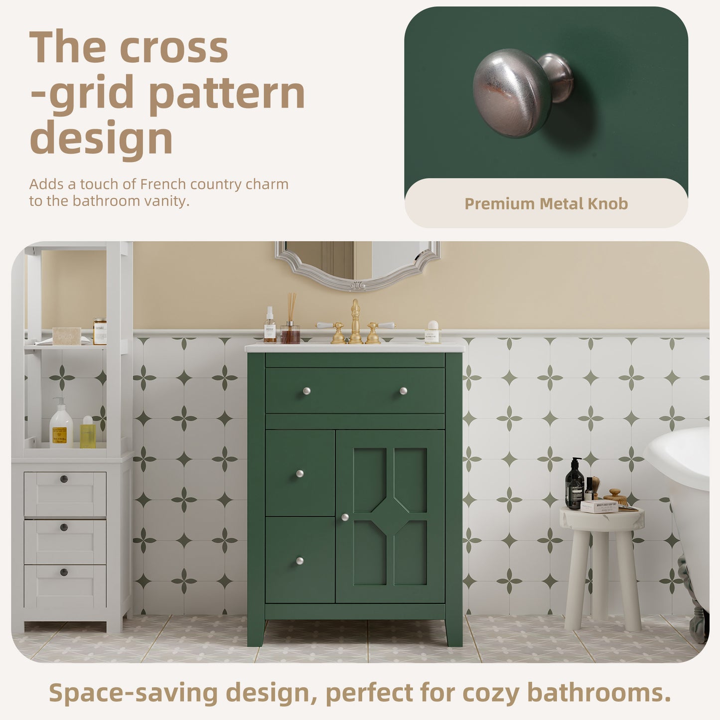24" Modern Green Bathroom Vanity with Ceramic Basin - Storage Cabinet